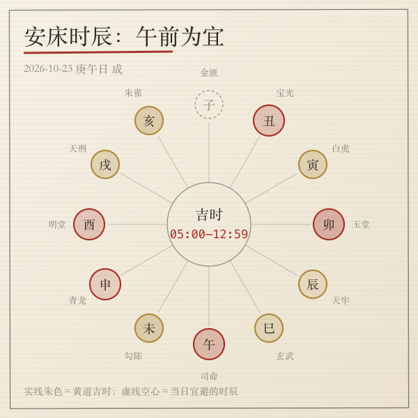 十二时辰钟面与安床吉凶时段手绘示意图