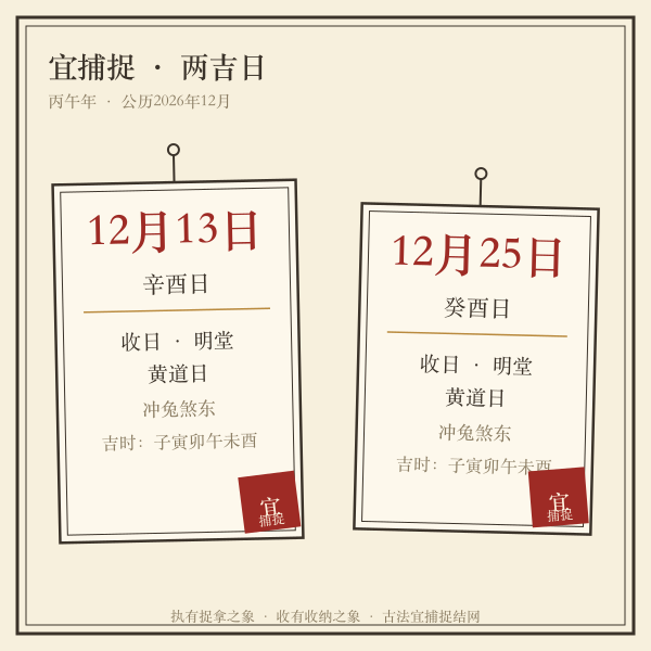 2026年12月捕捉吉日历牌：12月13日辛酉日与12月25日癸酉日