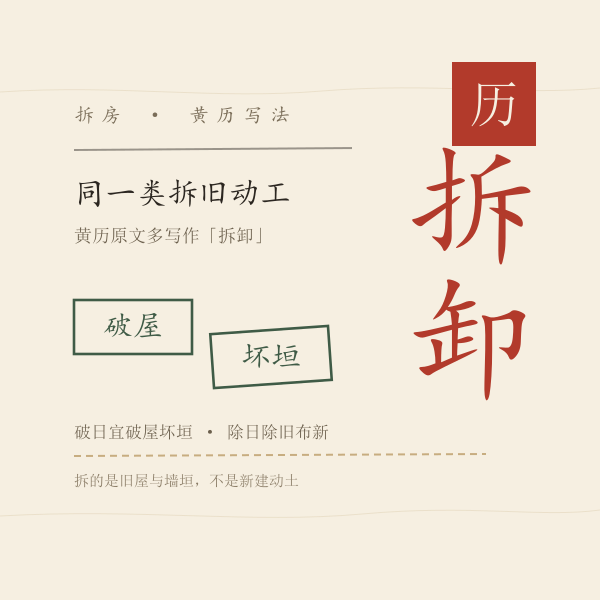 拆房在黄历里的三种写法:拆卸、破屋、坏垣