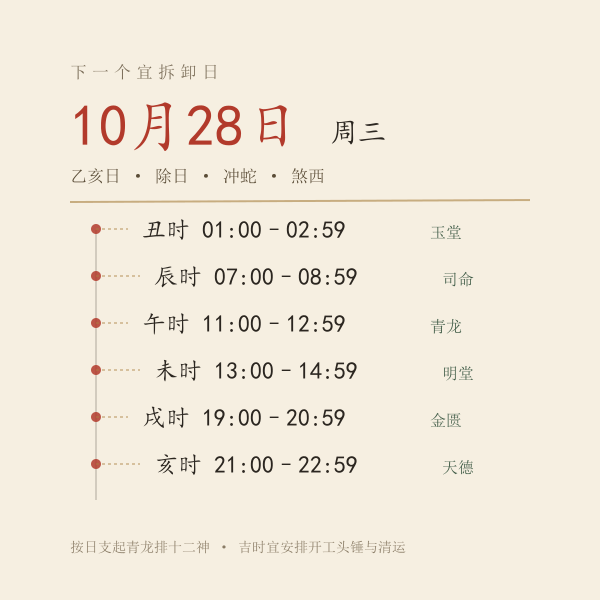 下一个宜拆卸日的六个吉时时间段