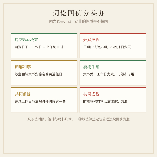 词讼流程四例图：递交起诉材料、开庭应诉、调解和解、办理委托手续