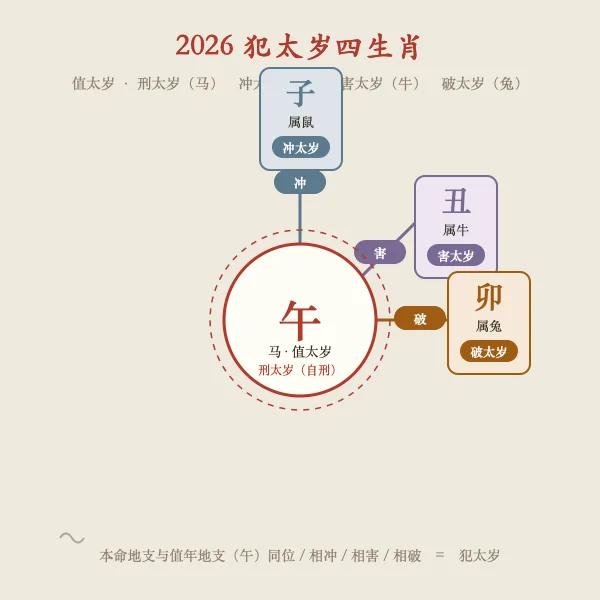 2026年犯太岁四生肖马鼠牛兔与冲破害刑关系