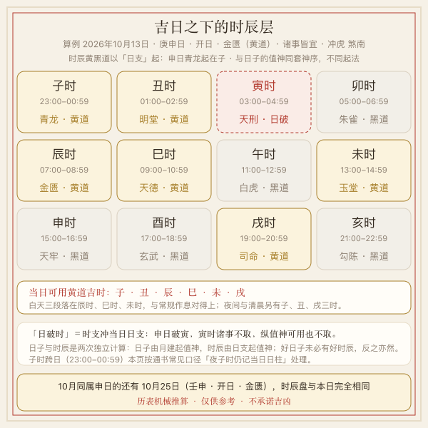 十月吉日十二时辰黄黑道盘与当日可用吉时筛选图