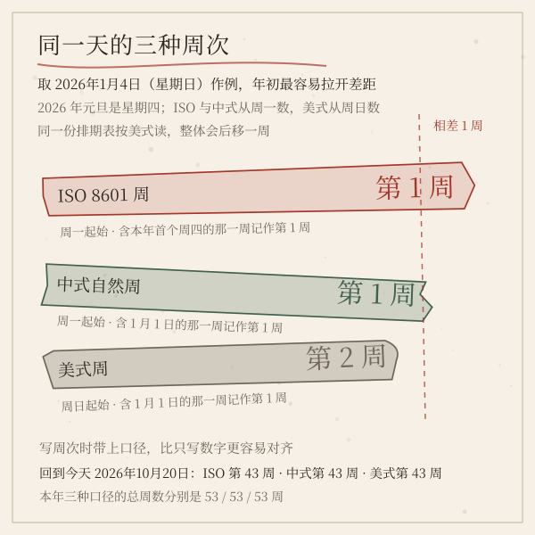 同一天的 ISO 周、中式周、美式周对照